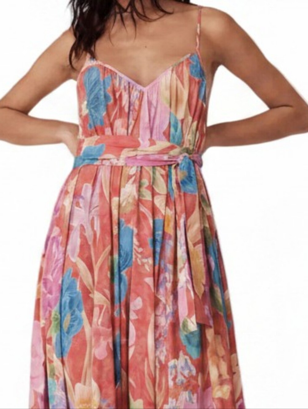 Tie Waist Belted Bright Contrasting Floral V-Neck Open Back Spaghetti Strap Maxi - Picture 7 of 11